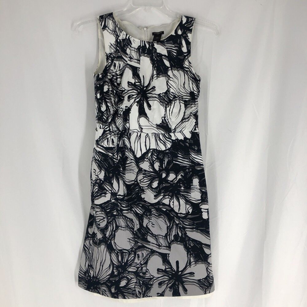 Ann Taylor Sheath Dress 6 Black White Floral Pleated Neck Work Office Classic